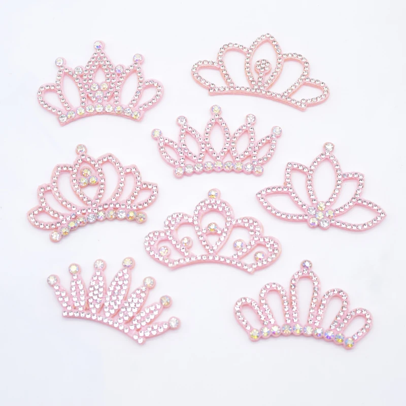 10Pcs Pink Padded Multiple Shaped Crown Rhinestone Applique for DIY Clothes Crafts Decor Patches Headwear Hair Bow Accessories