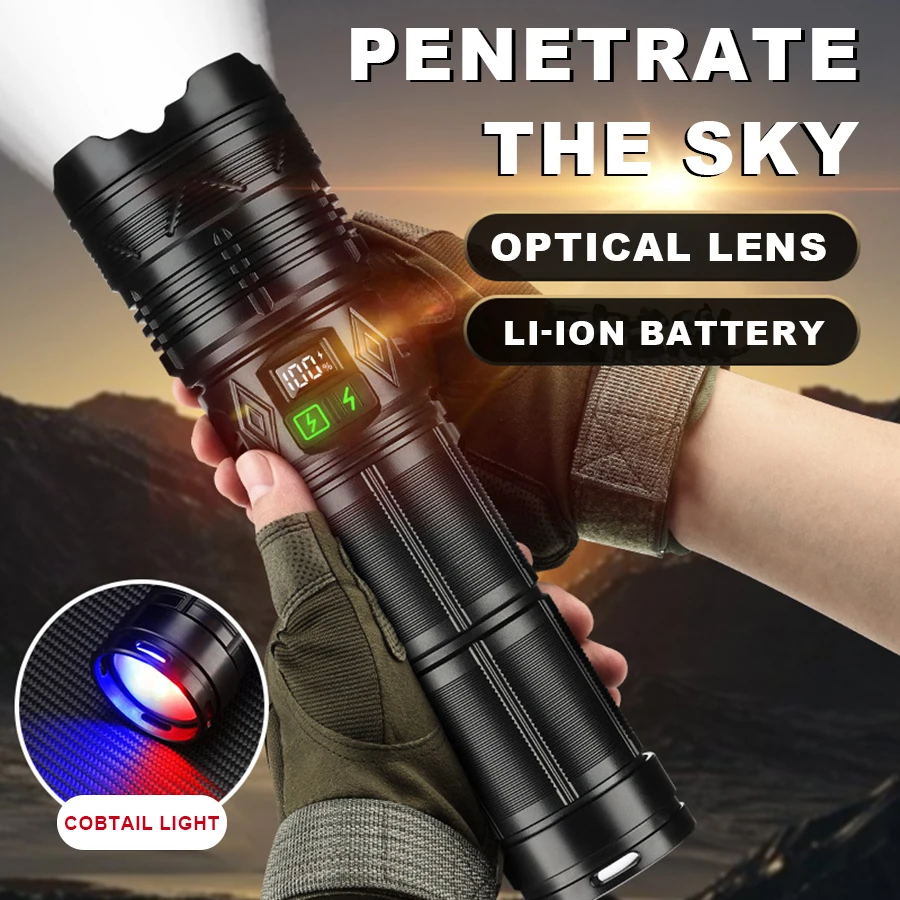 High Power White Laser Flashlight Super Bright LED Spotlight Long Range Torch Zoom Emergency Outdoor With Battery Indicator