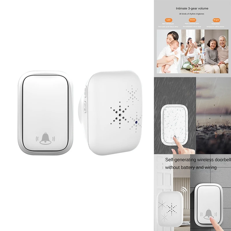 Outdoor Wireless Doorbell Waterproof House Chime Kit Remote Home Garden Self Smart Power Generation Doorbell EU Plug