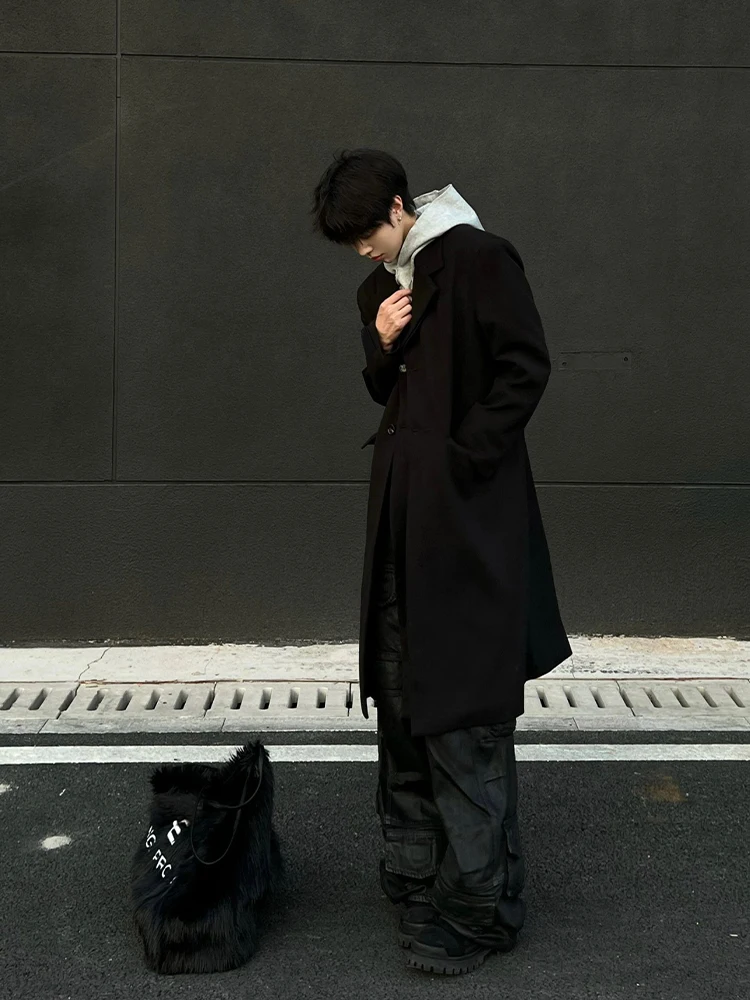 

Cleanfit Men's Bla Woolen Coat Spring Autumn Thiened Mid-Length Korean Sle Windbreaker Warm Cold-Resistant Casual Coat