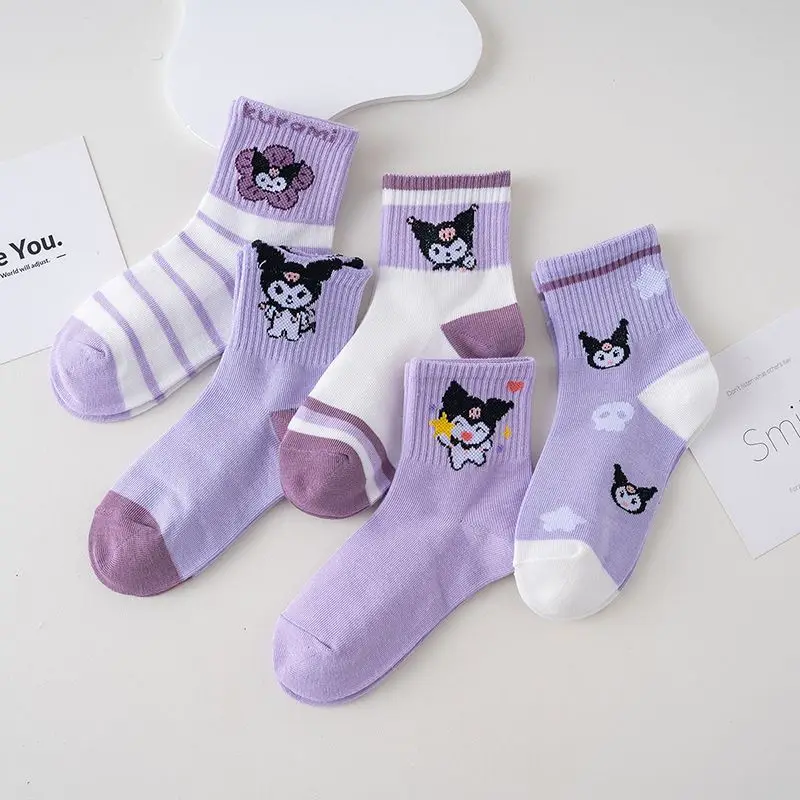 

5pairs Kawaii Sanrio Kuromi Girls Sports Socks for Girls Medium Stockings Socks Print Sweet and Comfortable Sock for Kids Girls