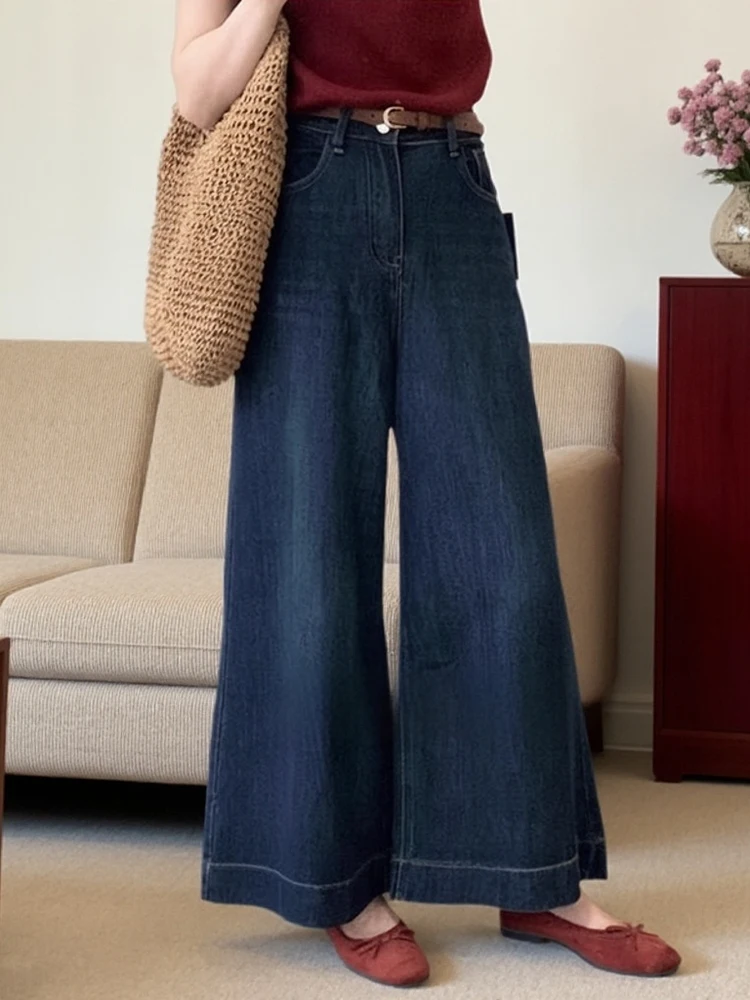 Deep Blue Slim Wide Leg Jeans Women's High Waist Straight Cut Denim Pants Tummy Control Flattering for Pear aped plus Size