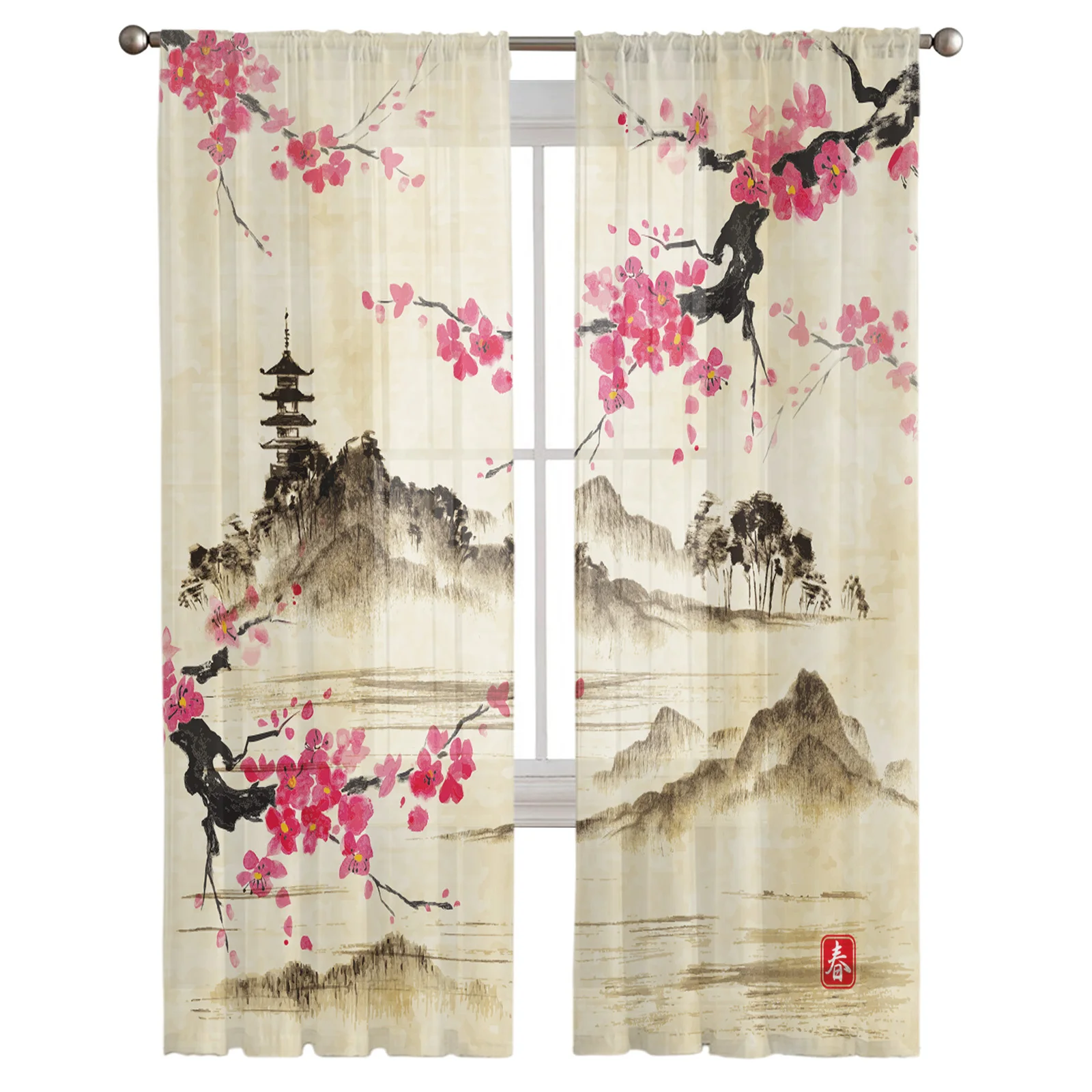 Chinese Style Ink Painting Flowers Landscape Sheer Curtains for Living Room Modern Bedroom Voile Tulle Curtain Window Drapes