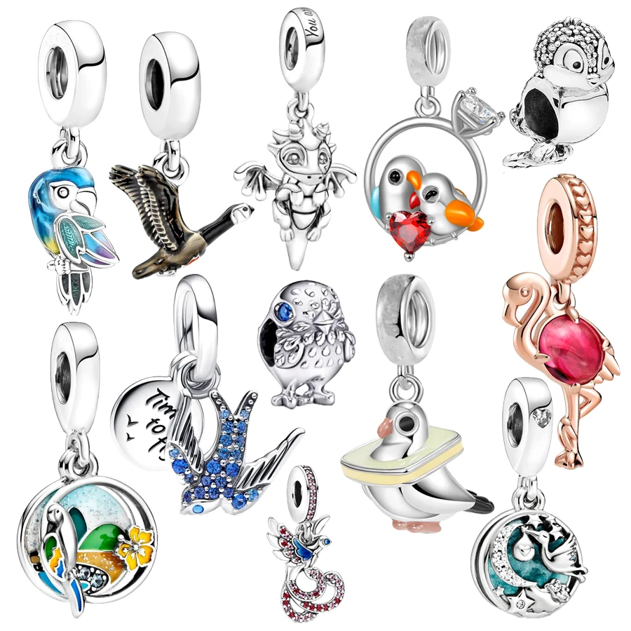 Parrot Flamingo Goose Swallow Pigeon Charmander Pendant Charm Bead Fit Original 925 Sterling Silver Bracelet DIY Jewelry