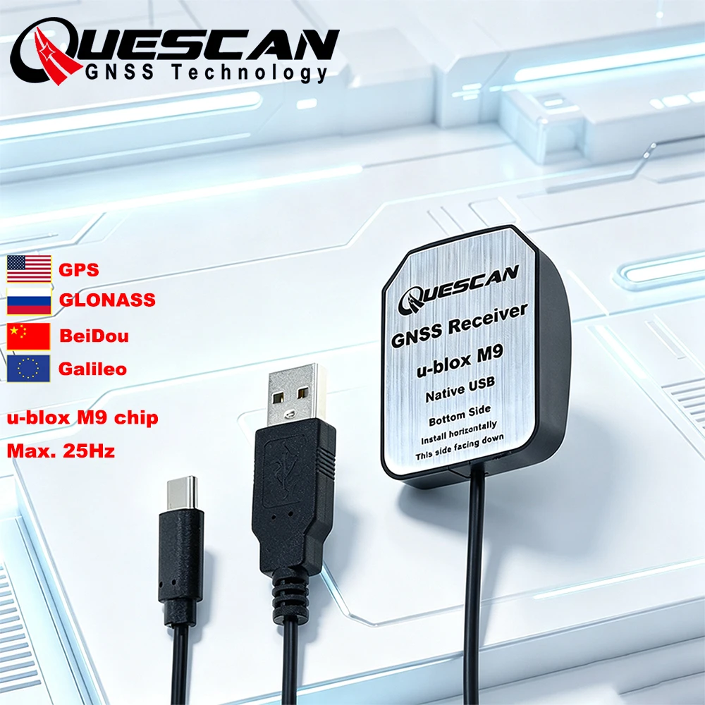 QUESCAN UBX M9 Windows Android USB GPS Antenna Receiver M9N USB-C GPS GLONASS Galileo BeiDou GNSS USB Dongle NMEA RTCM,UBX-M9140