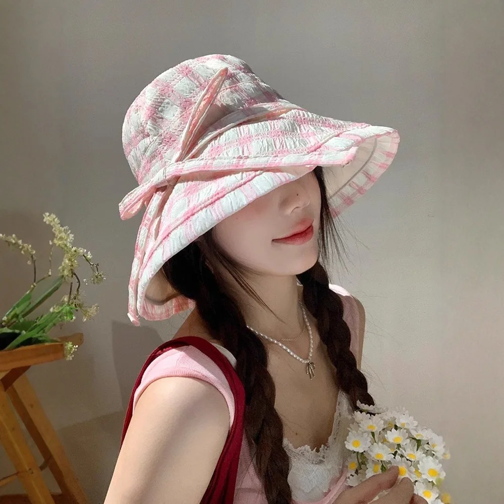 봄/여름 새로운 다목적 체크 무늬 bowknot 야외 놀이 선 스크린 분지 모자 선 스크린 어부 모자
