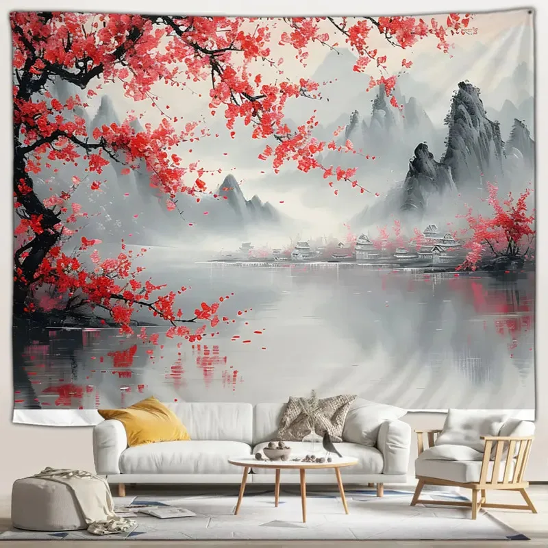 VIKAMA Japanischer Landschaftswandteppich, rosa Kirschblüten, neblige Landschaft, Wohnzimmer, Schlafzimmer, Dekoration, Wandbehang