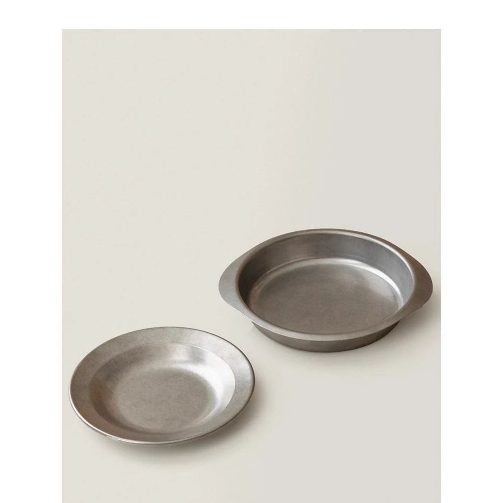 

Simple Home Kitchenware Stainless Steel Dinner Plate American Retro Style Outdoor Dinner Party Portable Heating Round Dish Plate