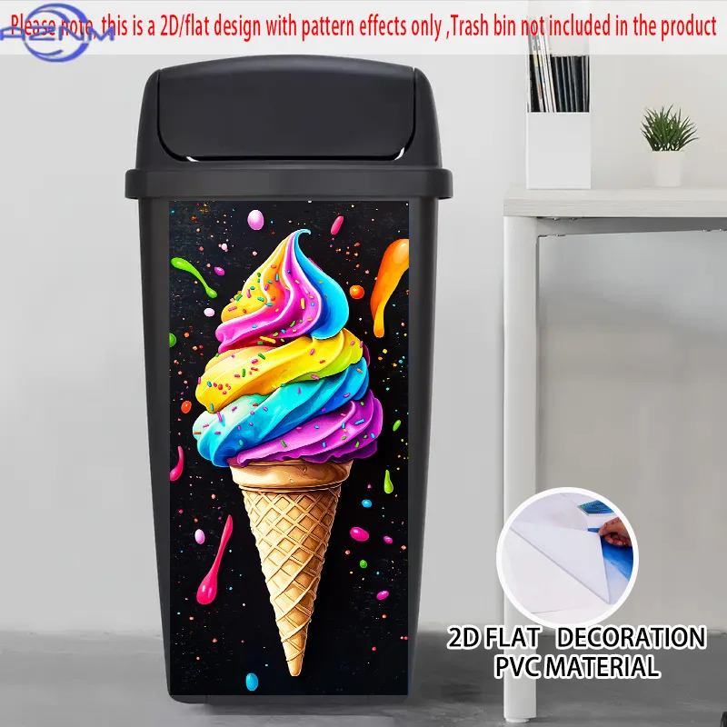 1pc 2D/FLAT, Self-Adhesive Dustbin Stickers with Rainbow Ice Cream Pattern, ×, Decorated with Colorful Cone And Candies, Dustb