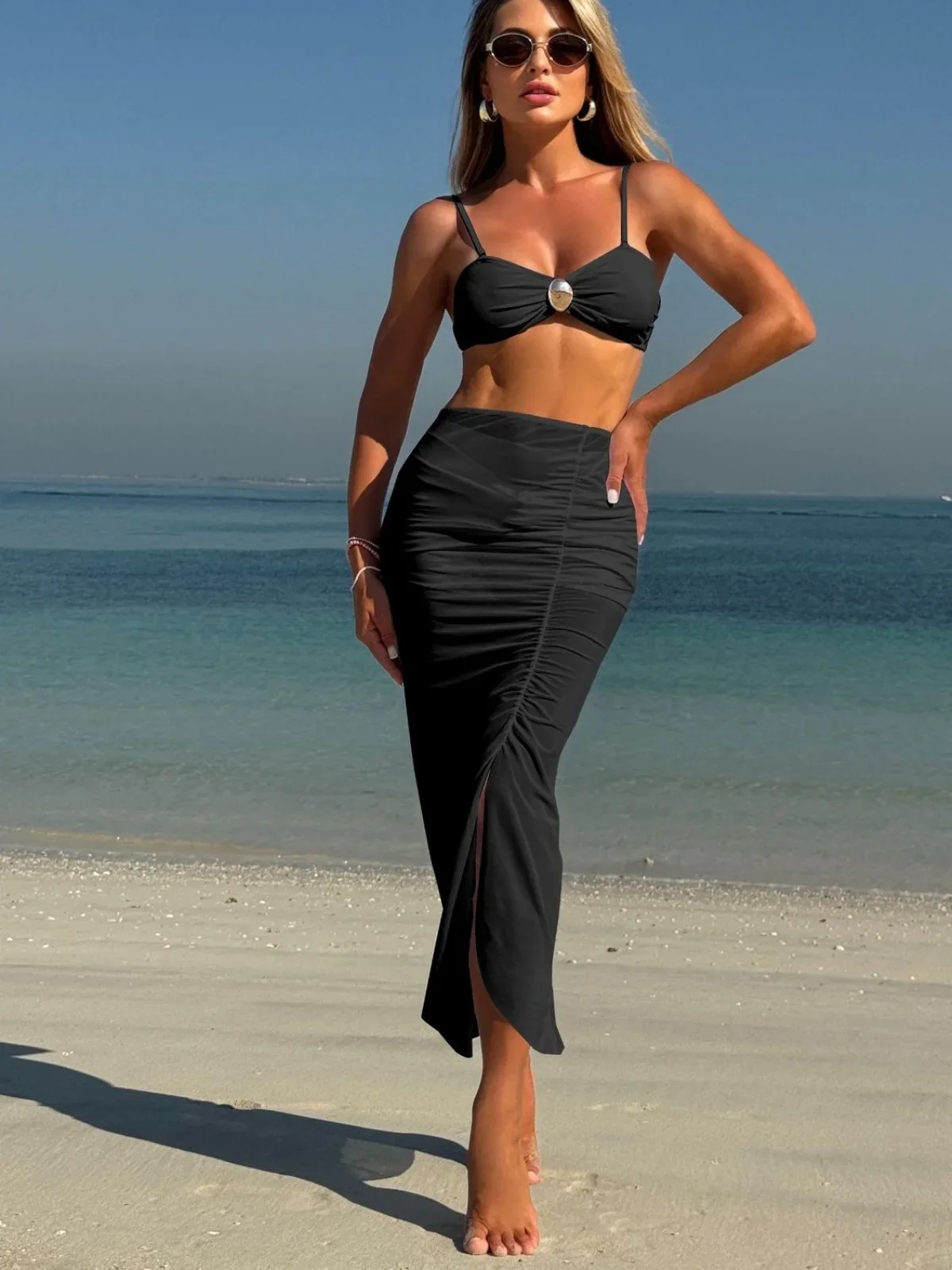 Sexy Mesh Skirt 3 Piece Bikini Set 2025 Women Black White Front Buckle Push Up High Waist Swimsuit Beach Bathing Suit Swimwear