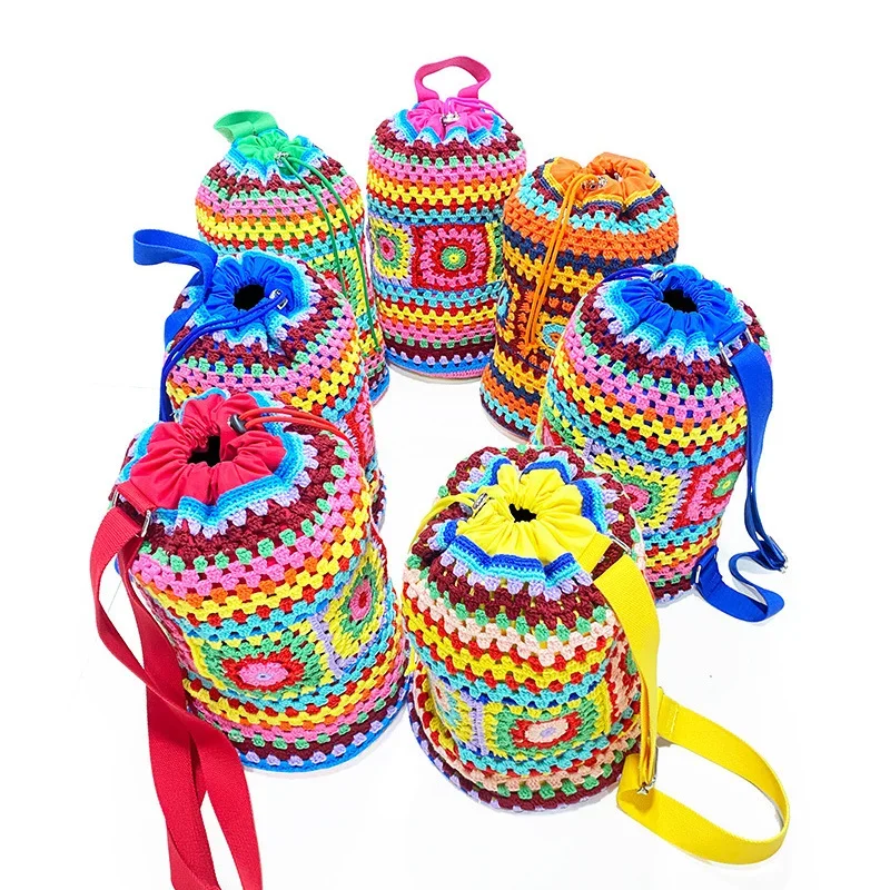 Bohemian Crochet Barrel Shaped Women Shoulder Bags Knitted Granny Square Backpacks Handmade Woven Handbag Casual Travel Bag 2023