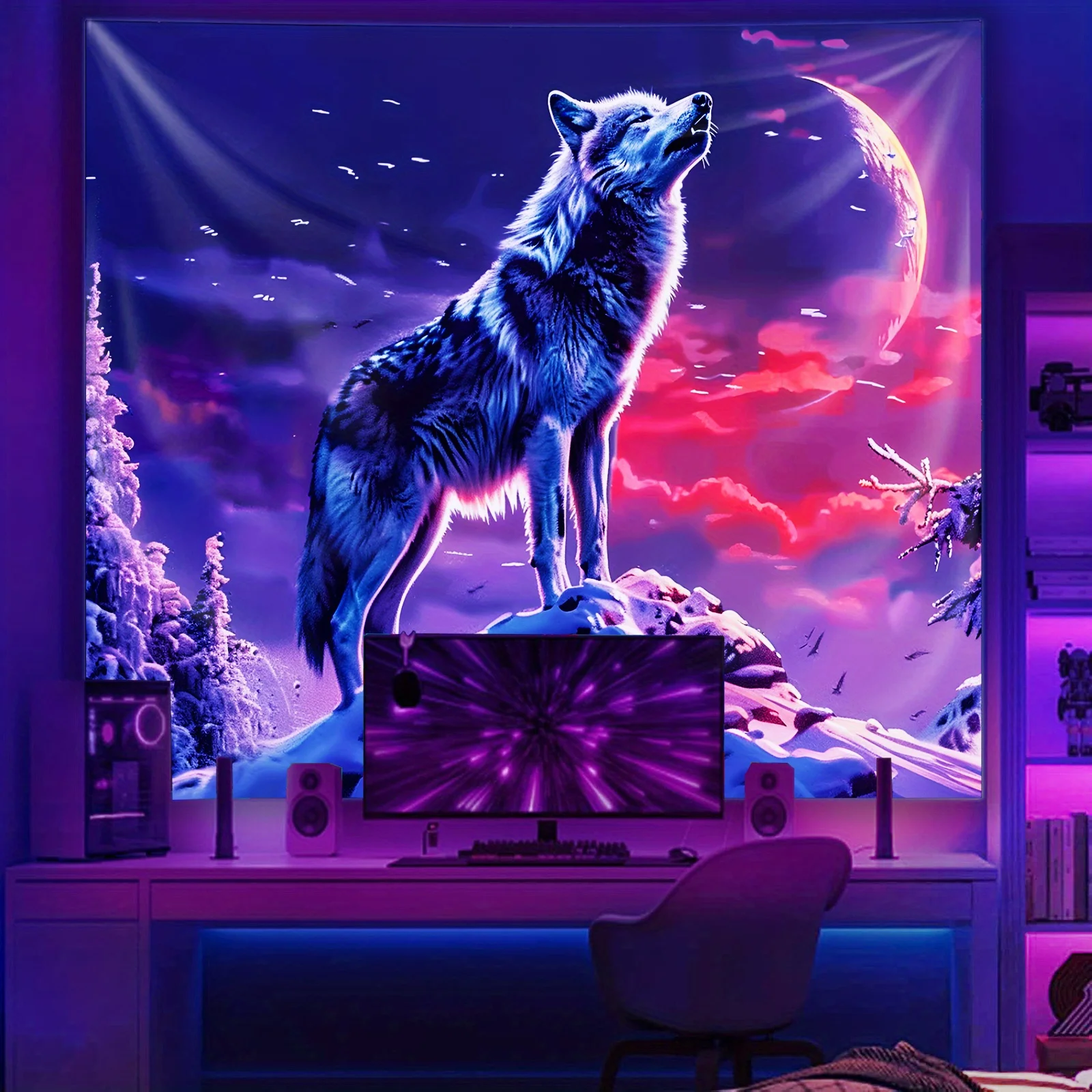 VIKAMA Wilderness Wolf Tapestry Moonlight Gaming Room Backdrop Custom Study Wall Wilderness-Themed Homestay Decor