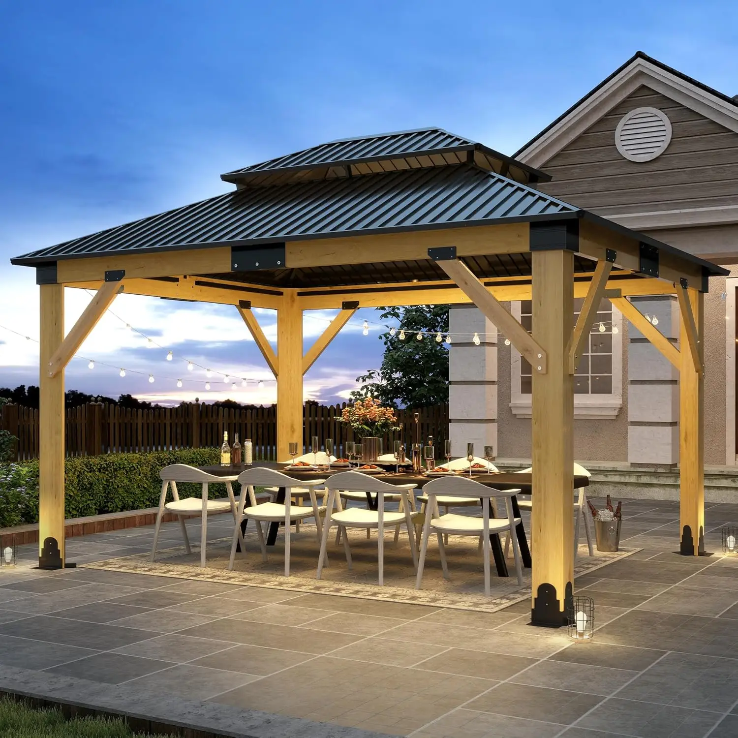 11’x13’ Outdoor Wooden Gazebo - Patio Galvanized Steel Gazebo with Double Vented Roof, Heavy-Duty Cedar Wooden Gazebo for Garden