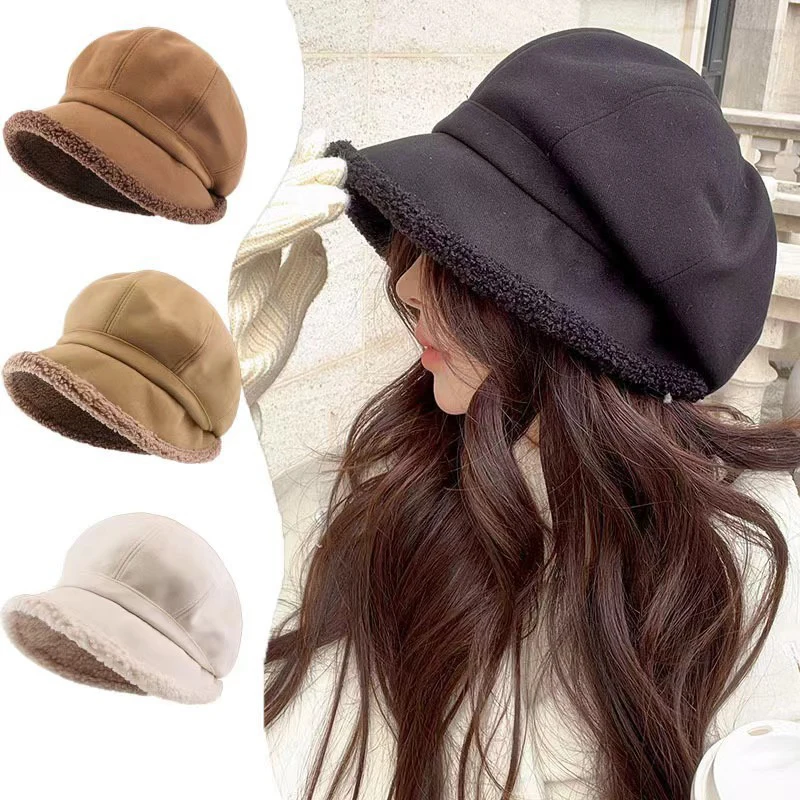 Creative Woman's Winter Beret Hats Color Velvet Cap Female Keep Warm New Bucket Hat