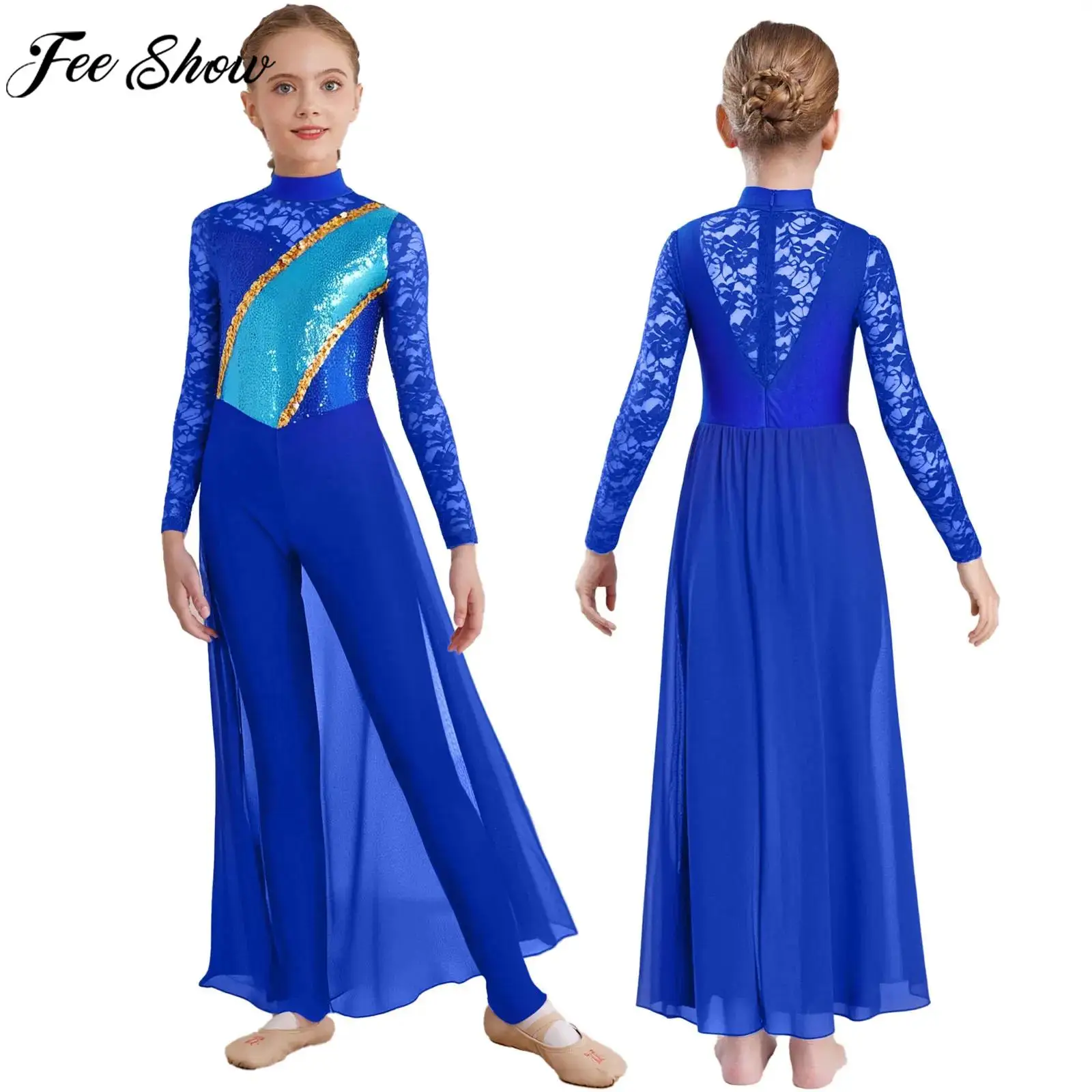 Kids Girls Floral Lace Long Sleeve Sequin Chiffon Lyrical Dance Gymnastics Jumpsuit Dress for Figure Skating Ballet Acrobatics