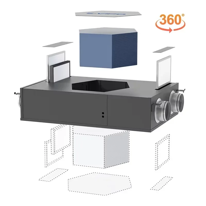 VMC Dual Flux Air Recuperator HRV Ventilation System Ceiling Mounted Fresh Air Purification Unit Heat Exchanger Energy Saving