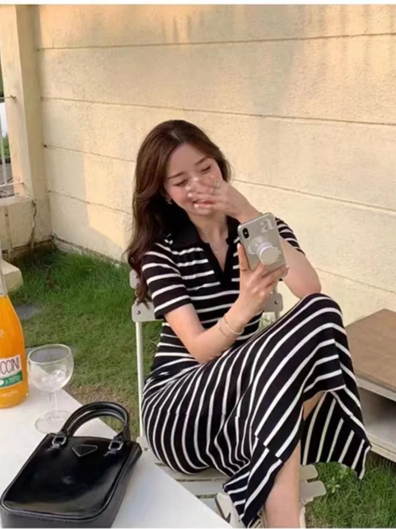 Zomer Dr Dames Casual Gebreid Slim Fit Reizen Vrije tijd Rok Gestreept Lang Dr Sexy Lady Sle f Open Kraag