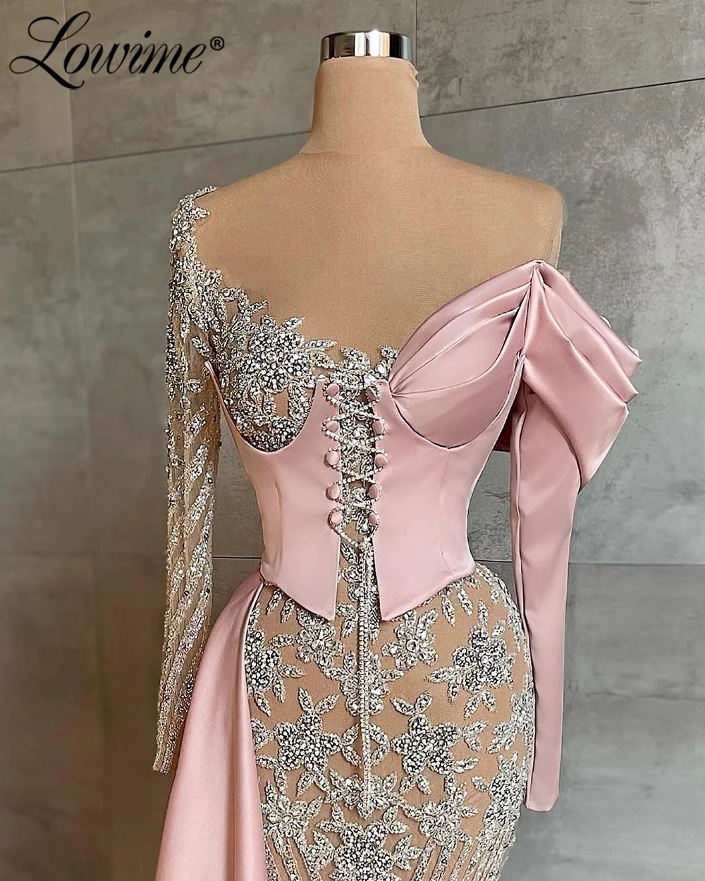 Lowime Pink Long Sleeves See Through Evening Dresses 2022 Couture Beading Crystals Arabic African Mermaid Prom Party Dress Robes