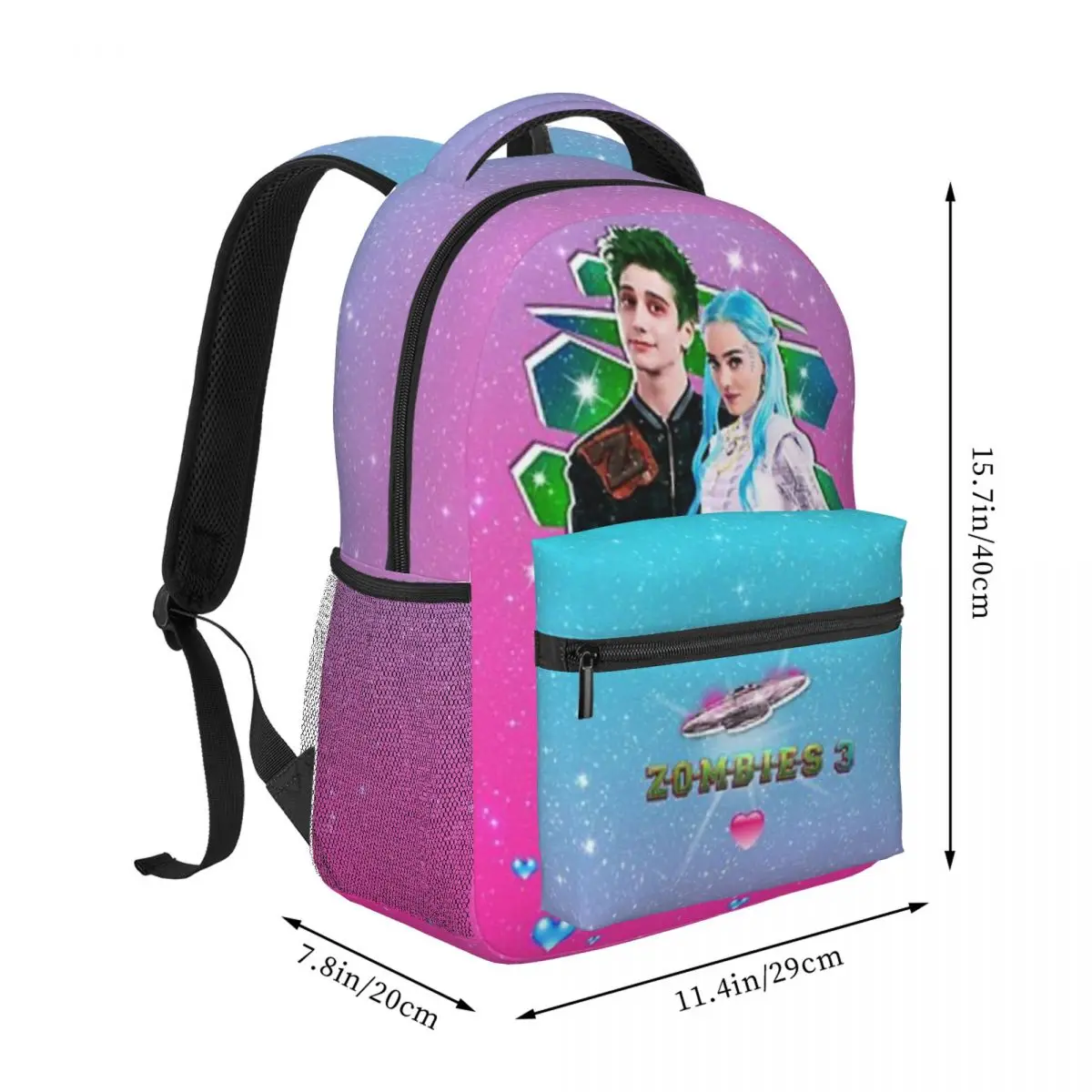 Zombies 3 - Milo And Meg - Zed And Addison - Galaxy Love Glitter For Girls Boys Large Capacity Student Backpack 17in