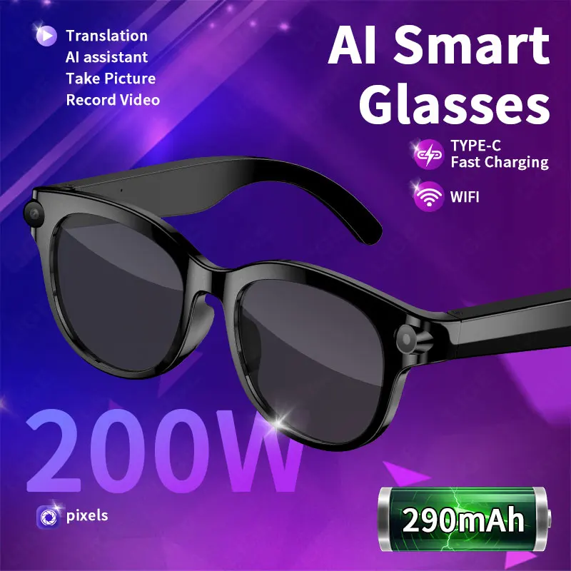 

Choice LIGE AI Smart Glasses 200W pixels 290mAh Camera Video Recording Translator Sunglasses Men Women Bluetooth Call Music Play