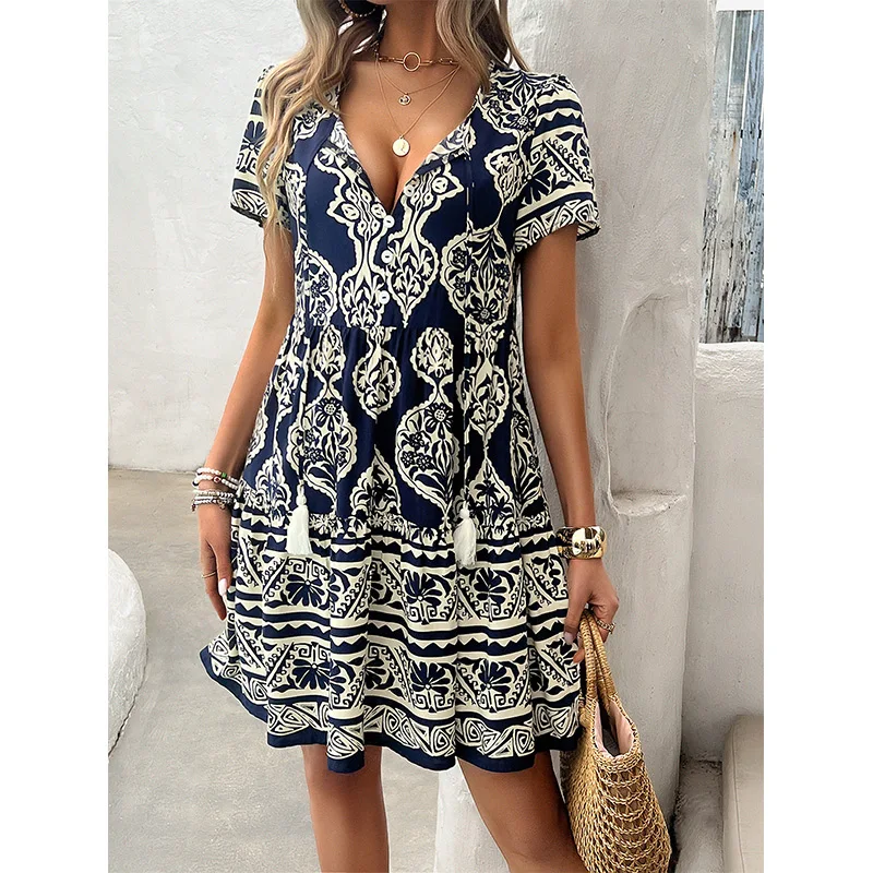 Summer New Elegant Fashion V-neck Floral Printing Midi Dress Ladies Short Sleeve Beach Holiday Casual Vestido Women Robe Femme