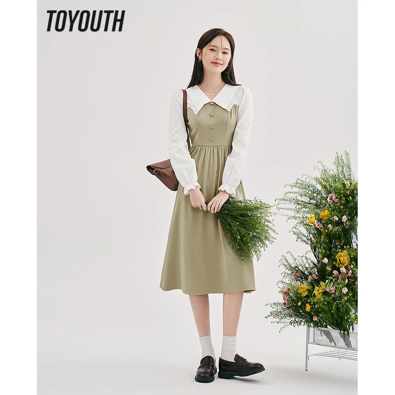 

Toyouth Women Fake Two Piece Dress 2023 Spring Long Sleeves Petal Collar A-line Preppy Style Casual Mid-length Pleated Skirt