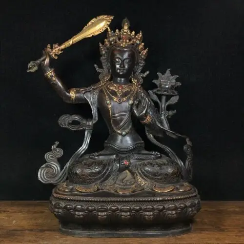 

11.8" China Tibetan Buddhism bronze gilt Gem inlay Bodhisattva Manjusri Statue