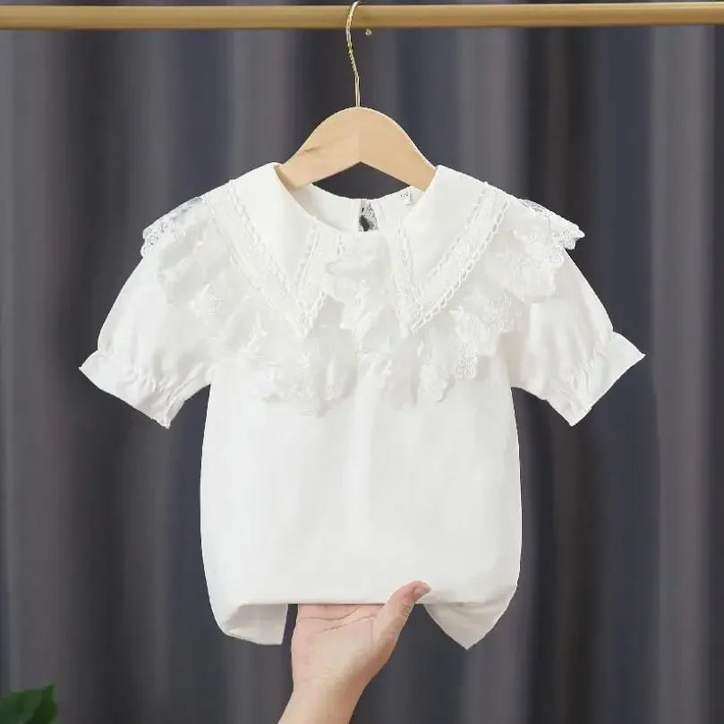 3-10 Years Summer Baby Toddler T-Shirt School Girls White Blouse Cotton Short Sleeve Girl Lace Tops Kids Shirt Children Clothes image 4