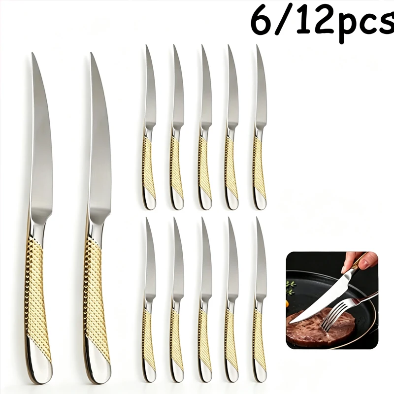 Stainless steel steak knife with 6/12pcs star-shaped diamond texture handle, used for cutting steak.