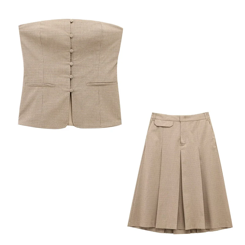 

2025 Plaid Midi Skirt Set Women's New Fashion Off Shulder Crop Top Women's Suit Two-Piece Women's Festive Outfit