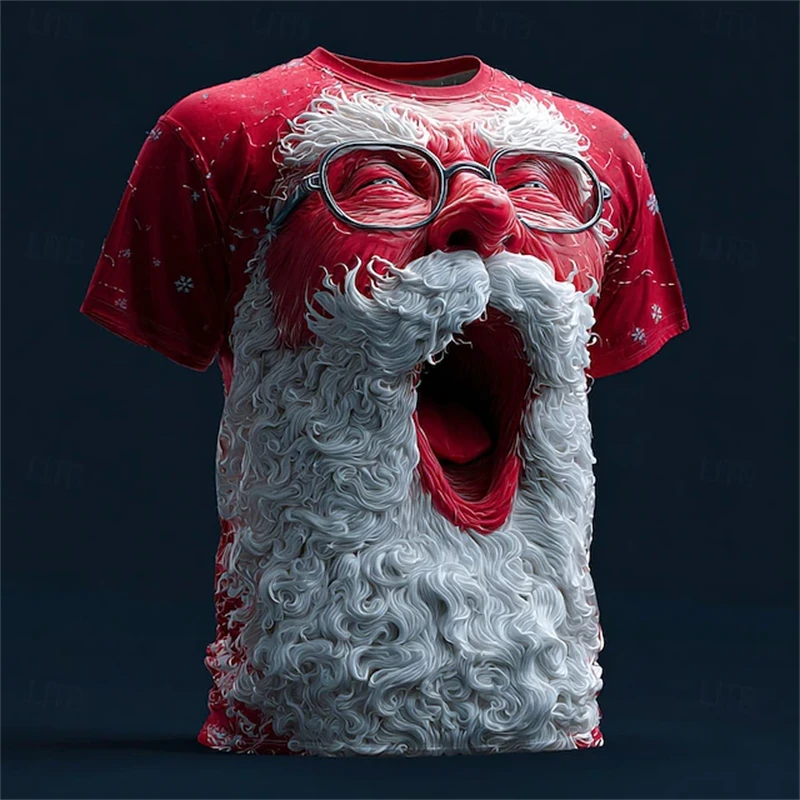 

Santa Claus print men's casual T-shirt fashionable round neck top fun holiday oversized men's and women's T-shirt