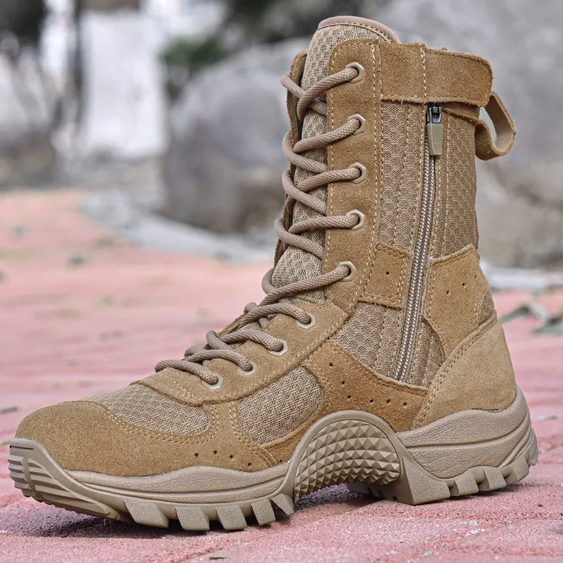 New Style Brown Tactical Boots Men's Super Lightweight Training Boots High Top Side Zipper Waterproof Piercing Resistant Dese...
