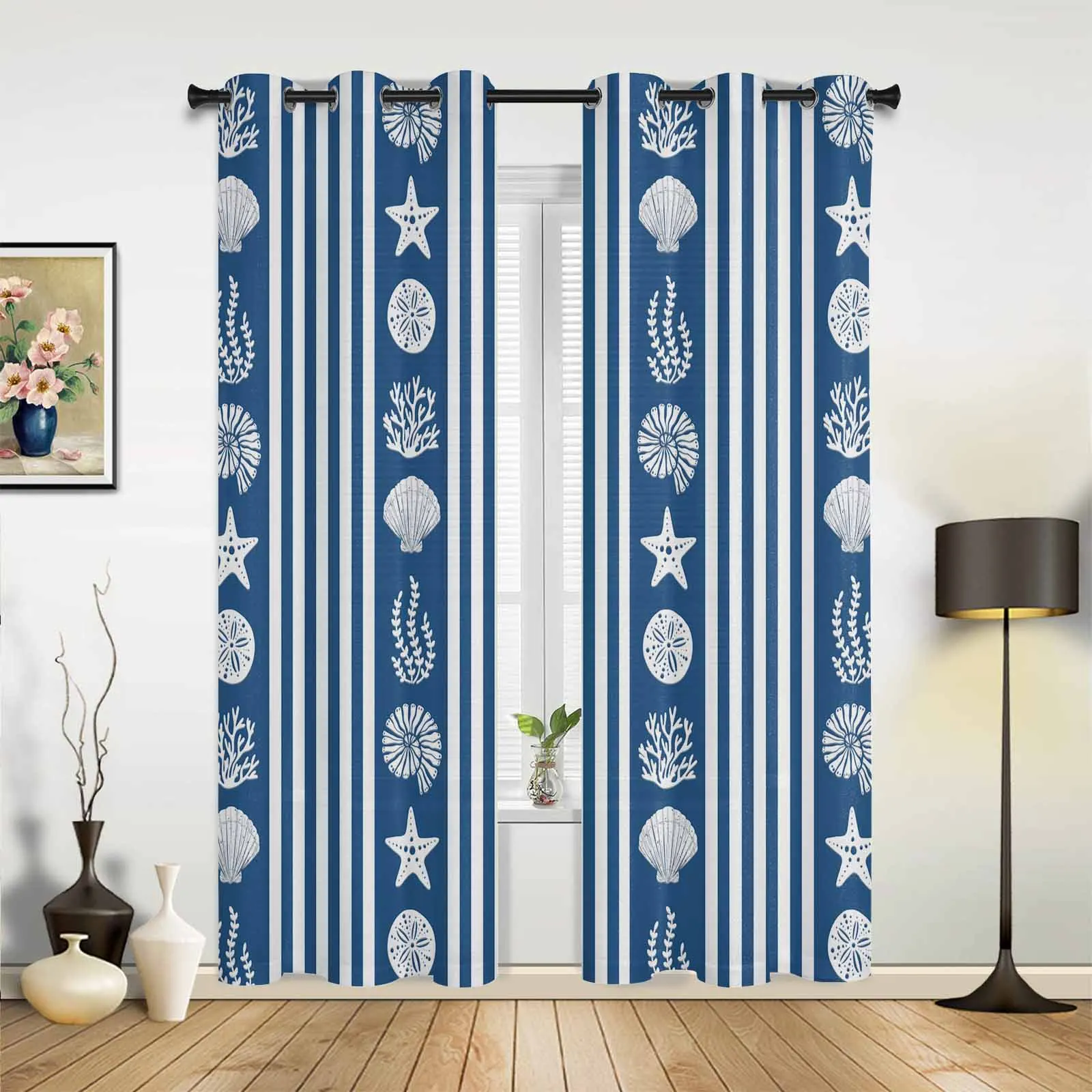 Sea Star Shell Jellyfish Coral Deep Blue Window Curtains Printing Curtains for Living Room Modern Design Bedroom Decor Drapes