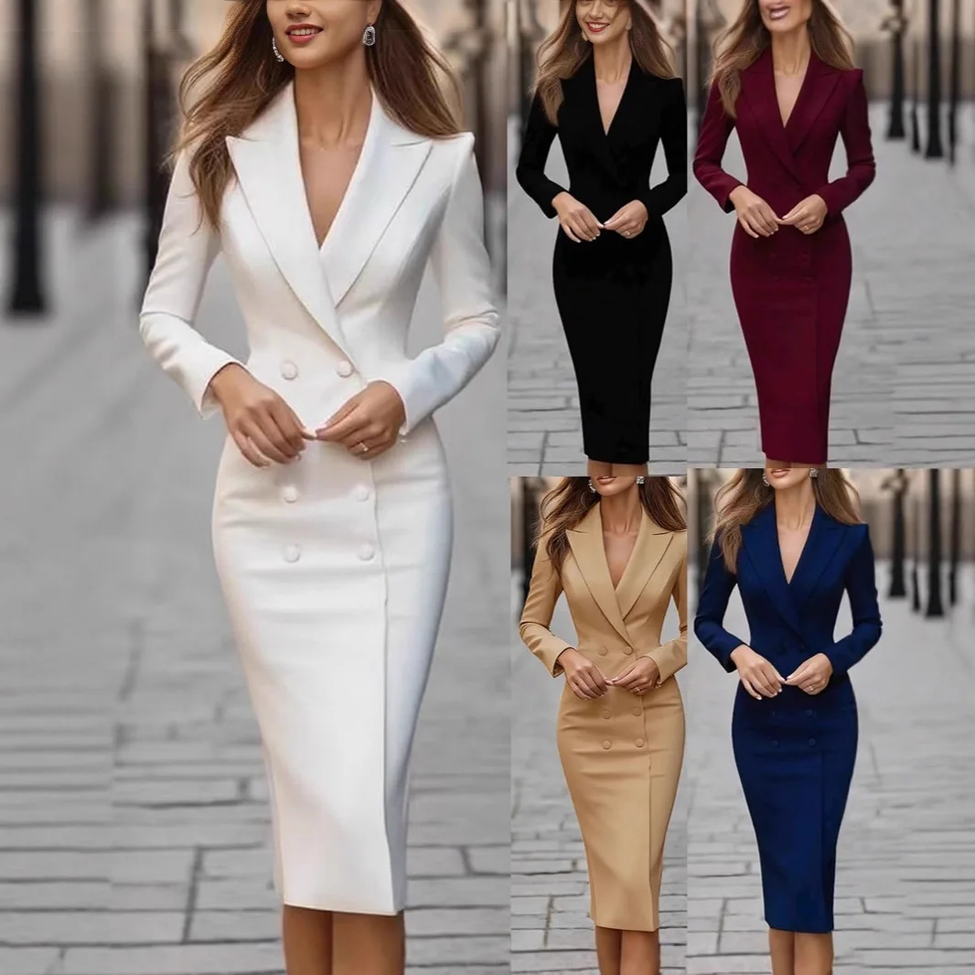 

Pure Color Slim Double Breasted Party Dress Elegant Lady Sexy Wrap Hip Dress Temperament Lapel Long Sleeve Bodycon Commute Dress
