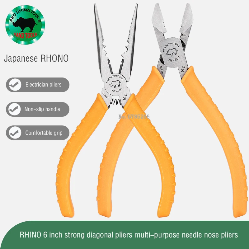 

Japanese RHINO Electrician 6 Inch Oblique Nose Pliers YN-607 Stripping Double-Use Wire Cutting Pliers YP-607 Needle Nose Pliers