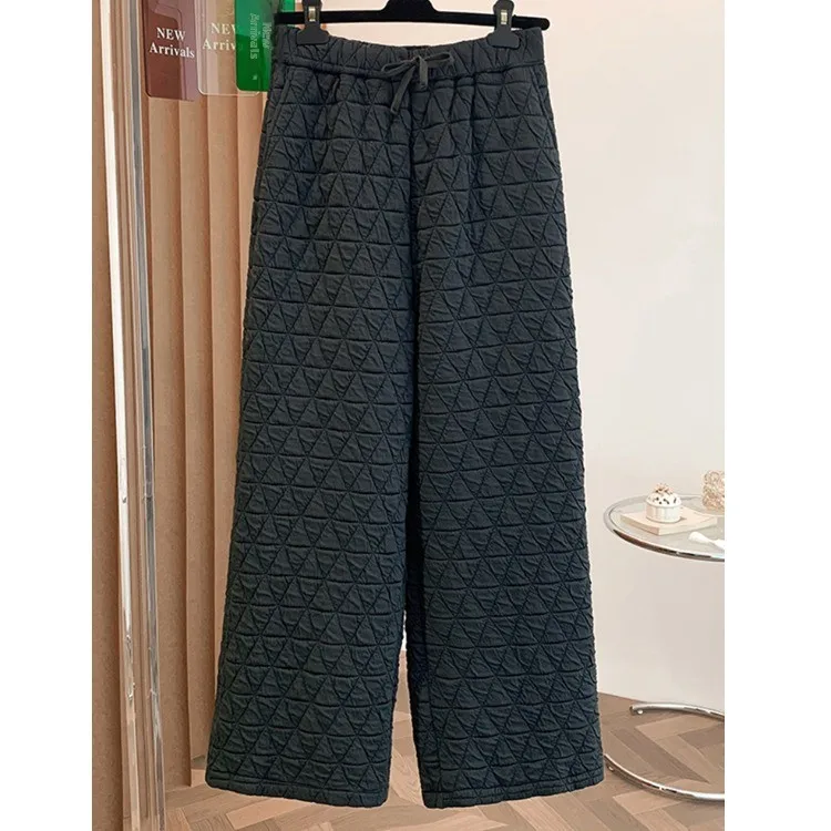 بنطلون نسائي شتوي كاجوال دافئ فضفاض كبير الحجم واسع الساق من القطن خفيف الوزن بنمط ماسي مستقيم القطع #1