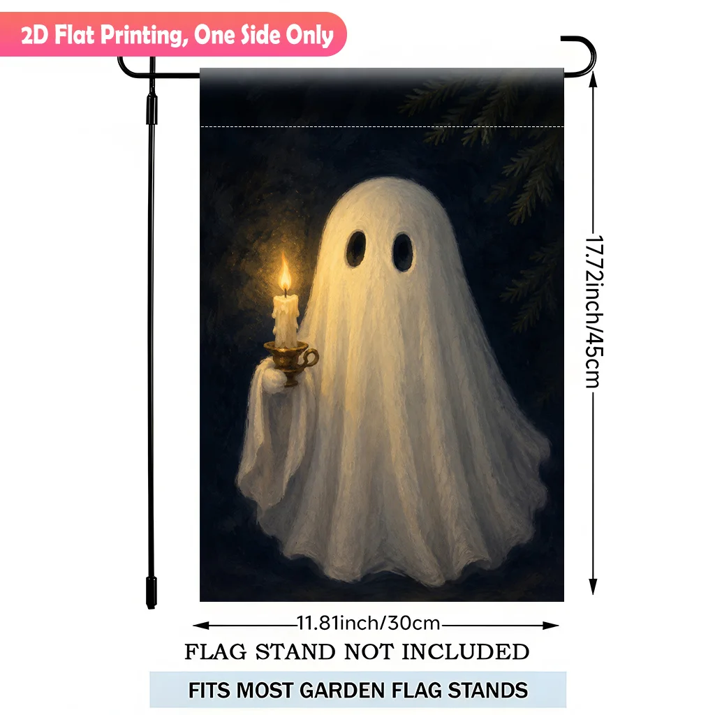 2D Flat Garden Flag 1 Piece, Ghost Holds Candles Night Bright Single-sided Printed Garden Flag, Durable Polyester Outdoor Garden Decoration, Suitable for Garden and Terrace Decoration, Scene Decoration, Celebration Arrangement, Home and Scene Decoration