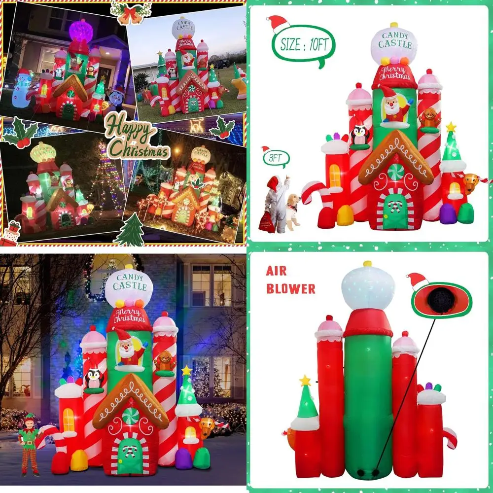

10 Foot Tall Outdoor Christmas Inflatable Candy Castle with Santa, Gingerbread, and Penguin for Xmas Decorations