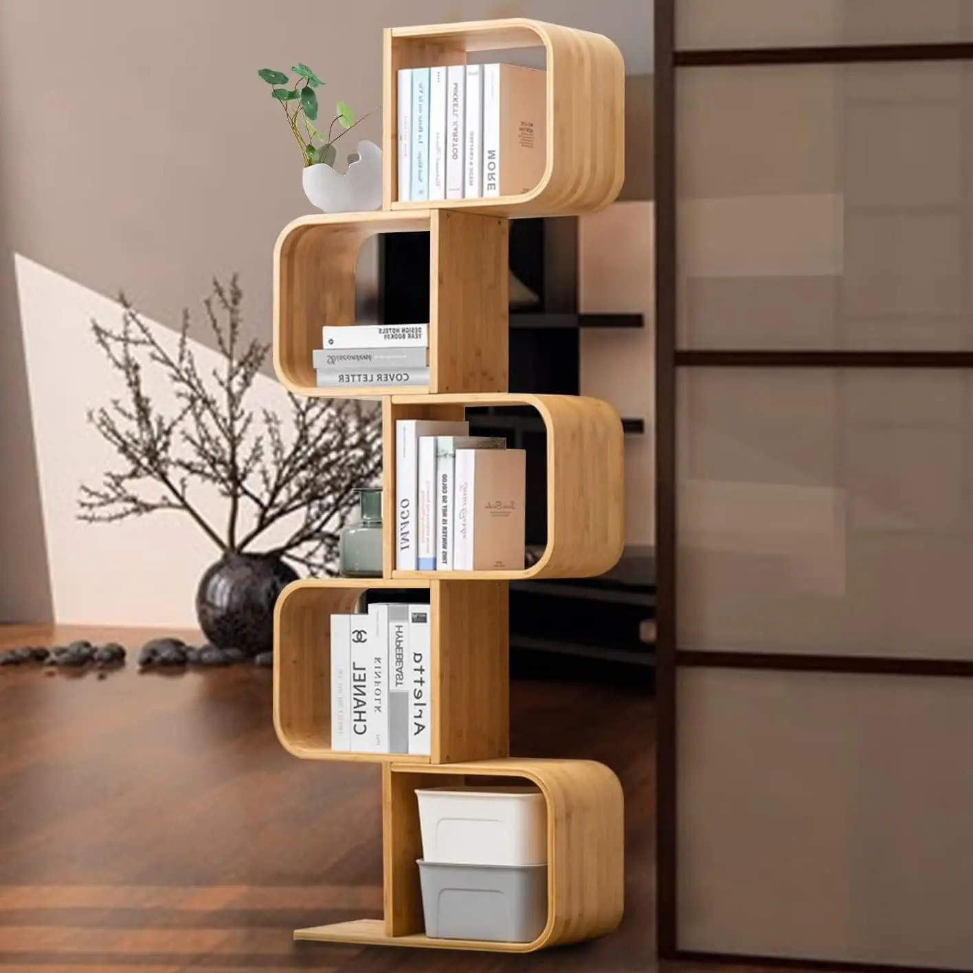 

5 Tier Bamboo S Shaped Bookcase Freestanding Storage Display Rack For Home Office Living Room