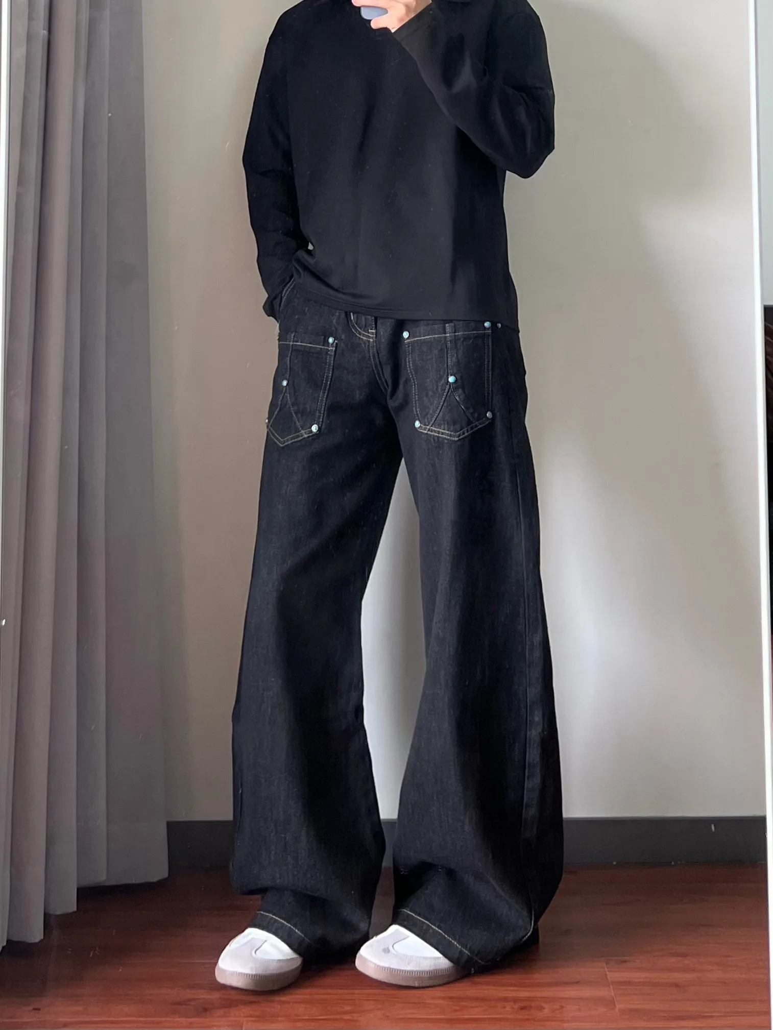 

Retro Washed American High Street Loose Wide Leg Jeans Men's Floor-Length Straight Cut Trousers Casual Comfortable Denim