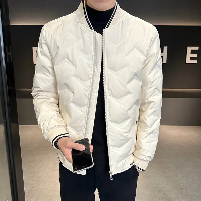 

2025 Men's Solid Color Zipper Casual Trendy Simple Basic Loose Baseball Jacket Winter New Fashion Male 50% Goose Down Coats Tops