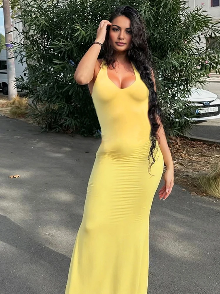 Weird Puss Halter Backless Dress Women Sexy V-Neck Bandage Sleeveless Summer Beach Vacation Party Club Stretch Trumpet Bodycon