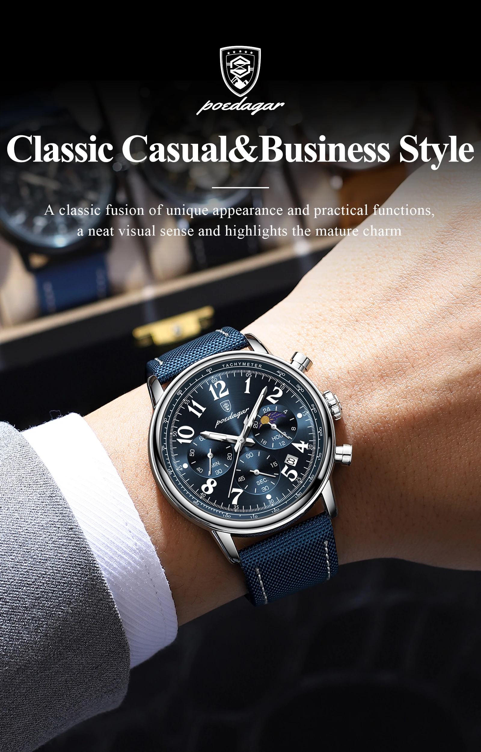 POEDAGAR Luxus Sport Militär Männer Uhr Wasserdicht Leucht Chronograph Nylon Leder Datum Mann Armbanduhr Quarz herren Uhren – Detail 5