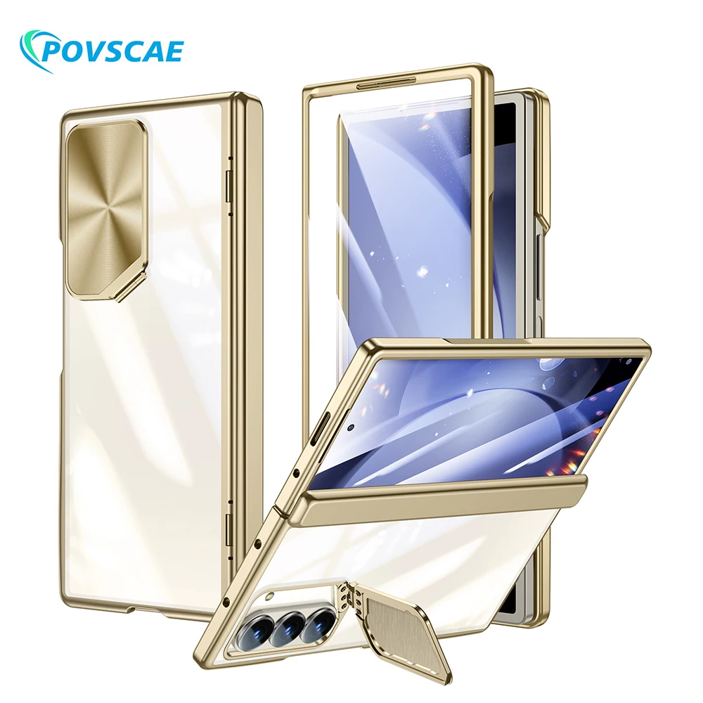 For Samsung Galaxy Z Fold 6 Case with Camear Cover & Holder Slim All-Inclusive Hinge Protection Electroplated Crystal Clear Case