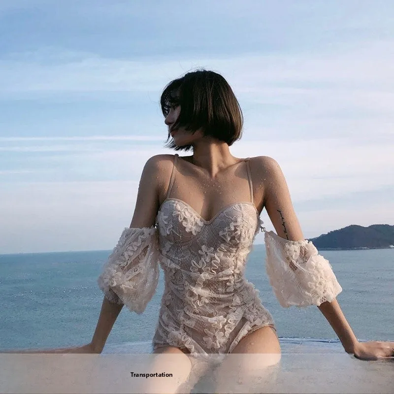 

Ретро-купальник с кружевом, женский цельный купальник-бикини, сексуальный кружевной комплект, купальный костюм с длинными рукавами, повседневная одежда для плавания