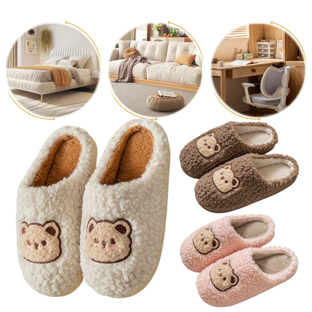 

Plush Bear Slippers Plush Closed Toe Slippers Anti Slip Flat Thermal Slippers Comfortable Cartoon Animal Slippers Cute for Women