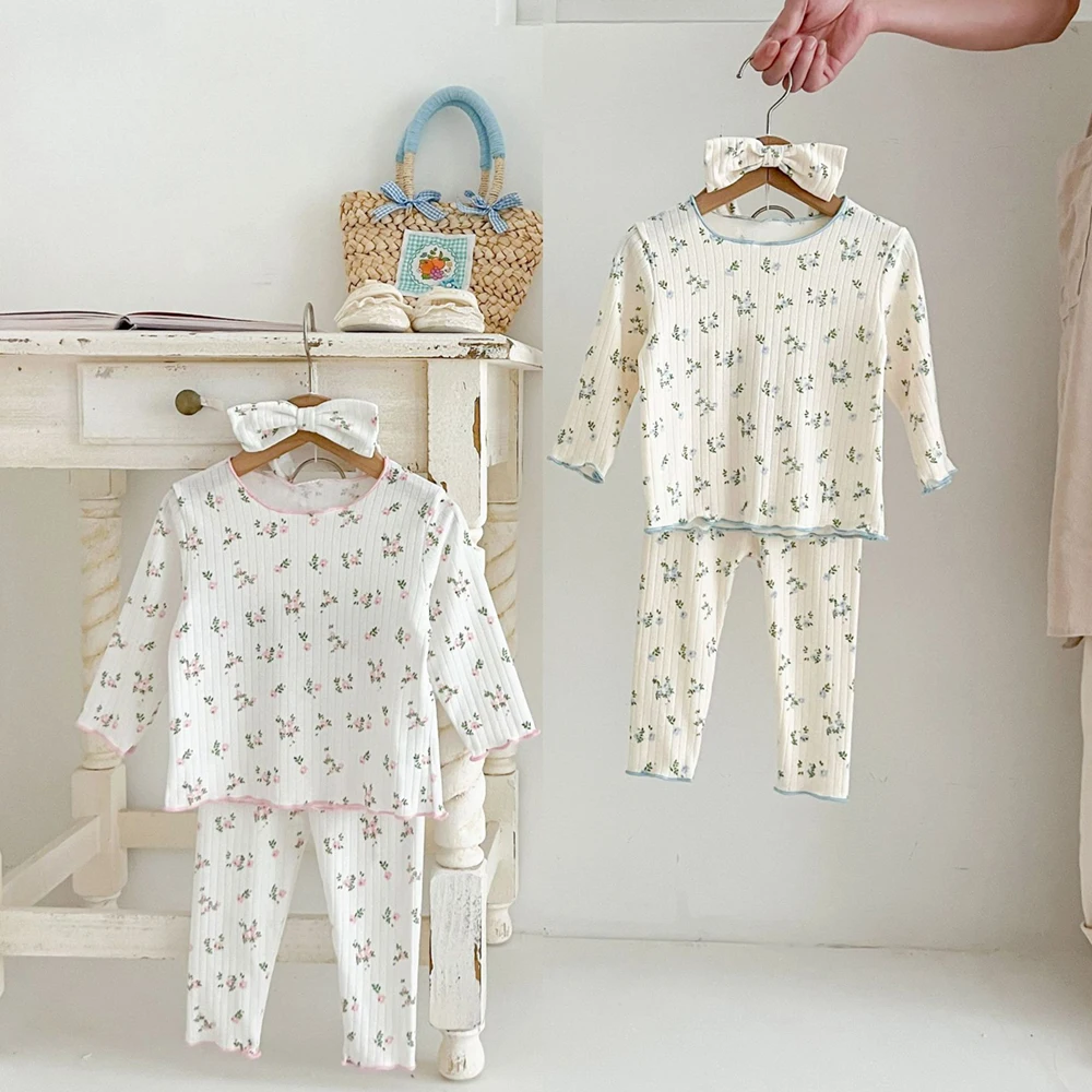 3PCS Toddler Infant Newborn Girls Sweet Loungewear 0-3Y Baby Pajamas Set Infant Pink Floral Cotton Home Wear Sleeping Suit