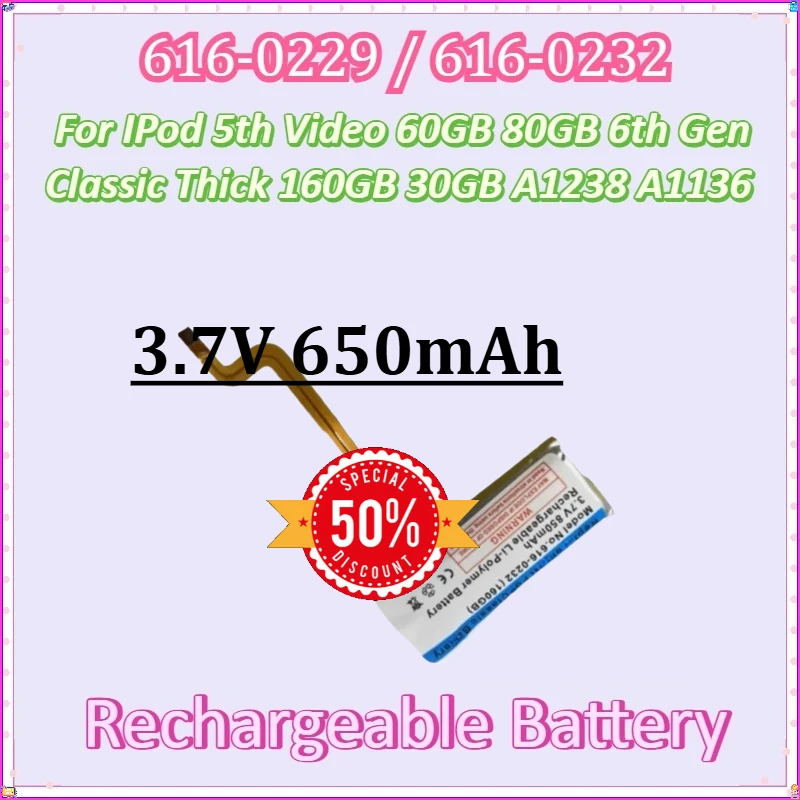 

For IPod 5th Video 60GB 80GB 6th Gen Classic Thick 160GB 616-0232 Battery 616-0229 30GB A1238 A1136 New 3.7V 650mAh 850mAh