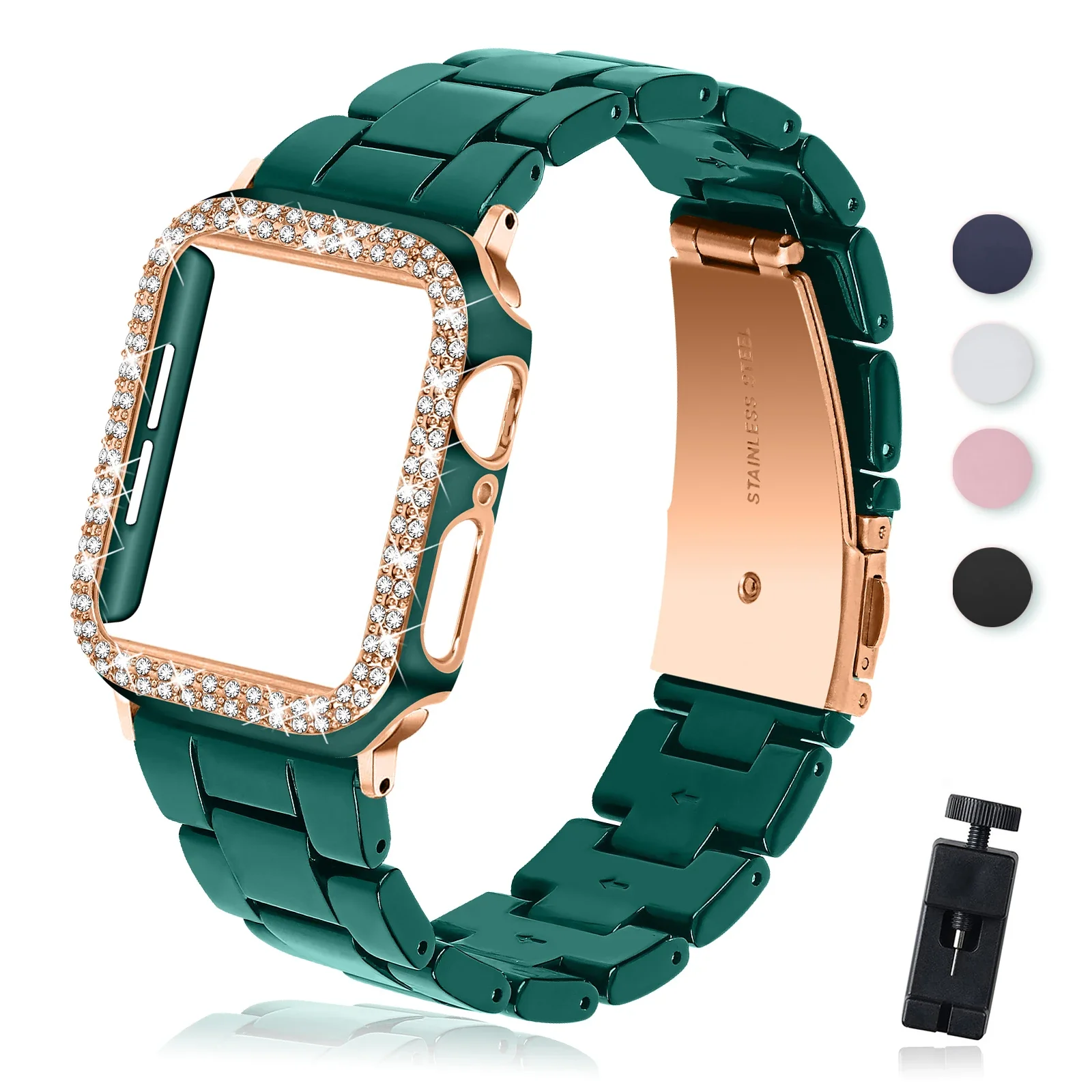 Diamond Case Strap for Apple Watch Band 40mm 42mm 44mm 38mm Strap Resin Bracelet for Iwatch Series 6 5 4 SE Watch Bands PC Shell