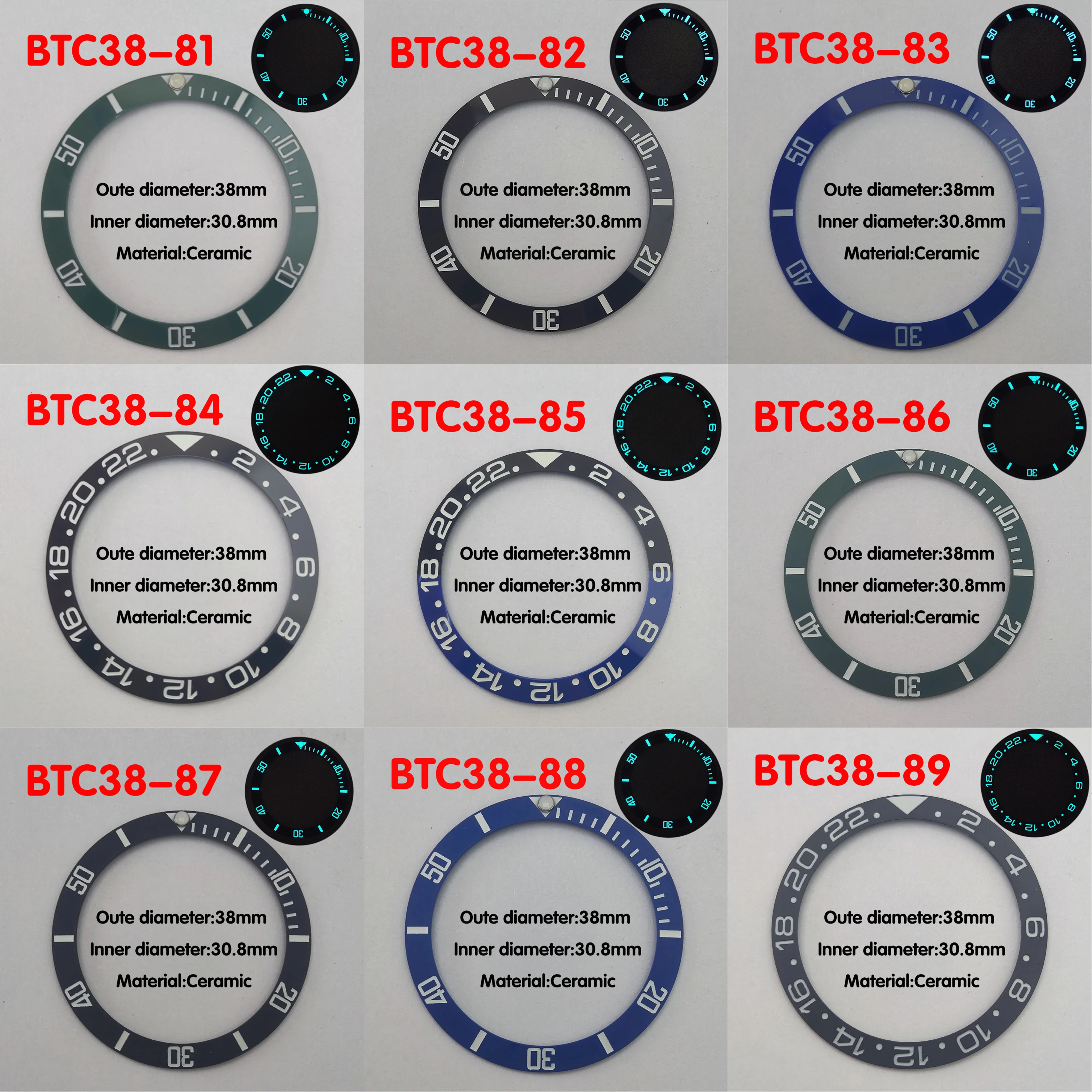 حلقة إدراج حافة سيراميك منحدرة مضيئة للرجال ، استبدال ساعة ميكانيكية ، استبدال GMT ، القطر الداخلي ، 38 ، أزرق وأخضر